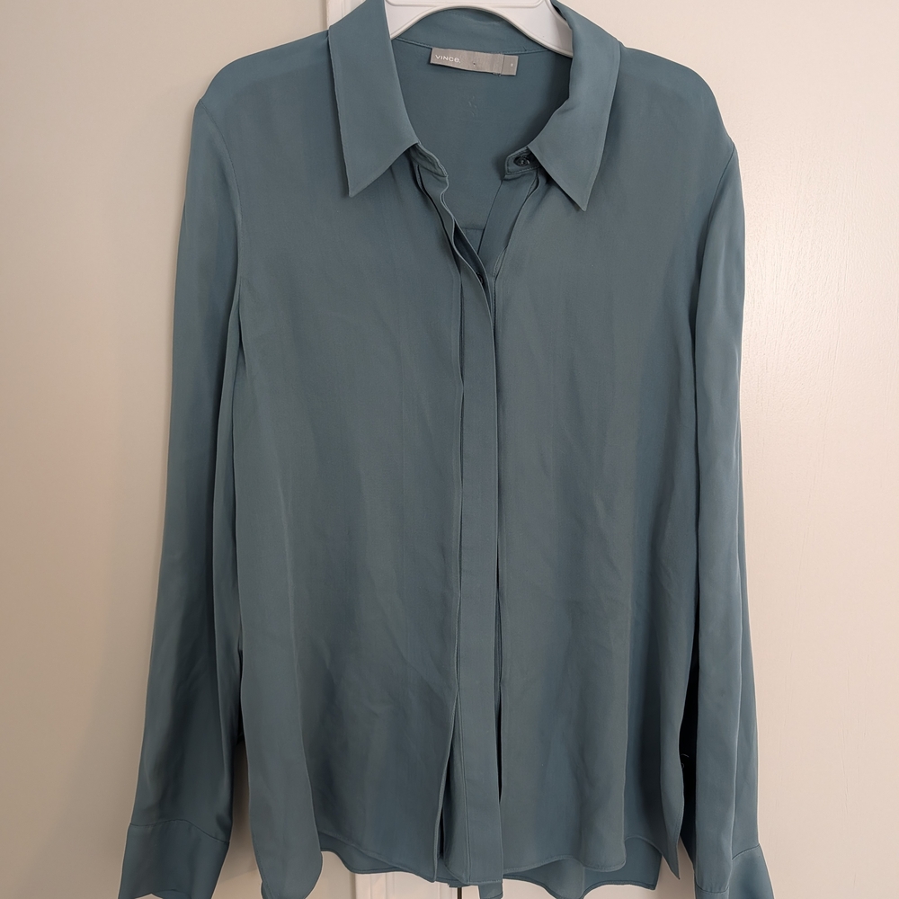 Vince 100% Silk Dusty Blue Button Down Top